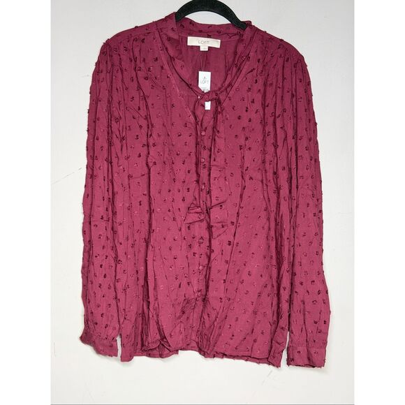 LOFT pusseybow neck line Swiss dot textured bundle of two blouses pink & maroon - Picture 3 of 14